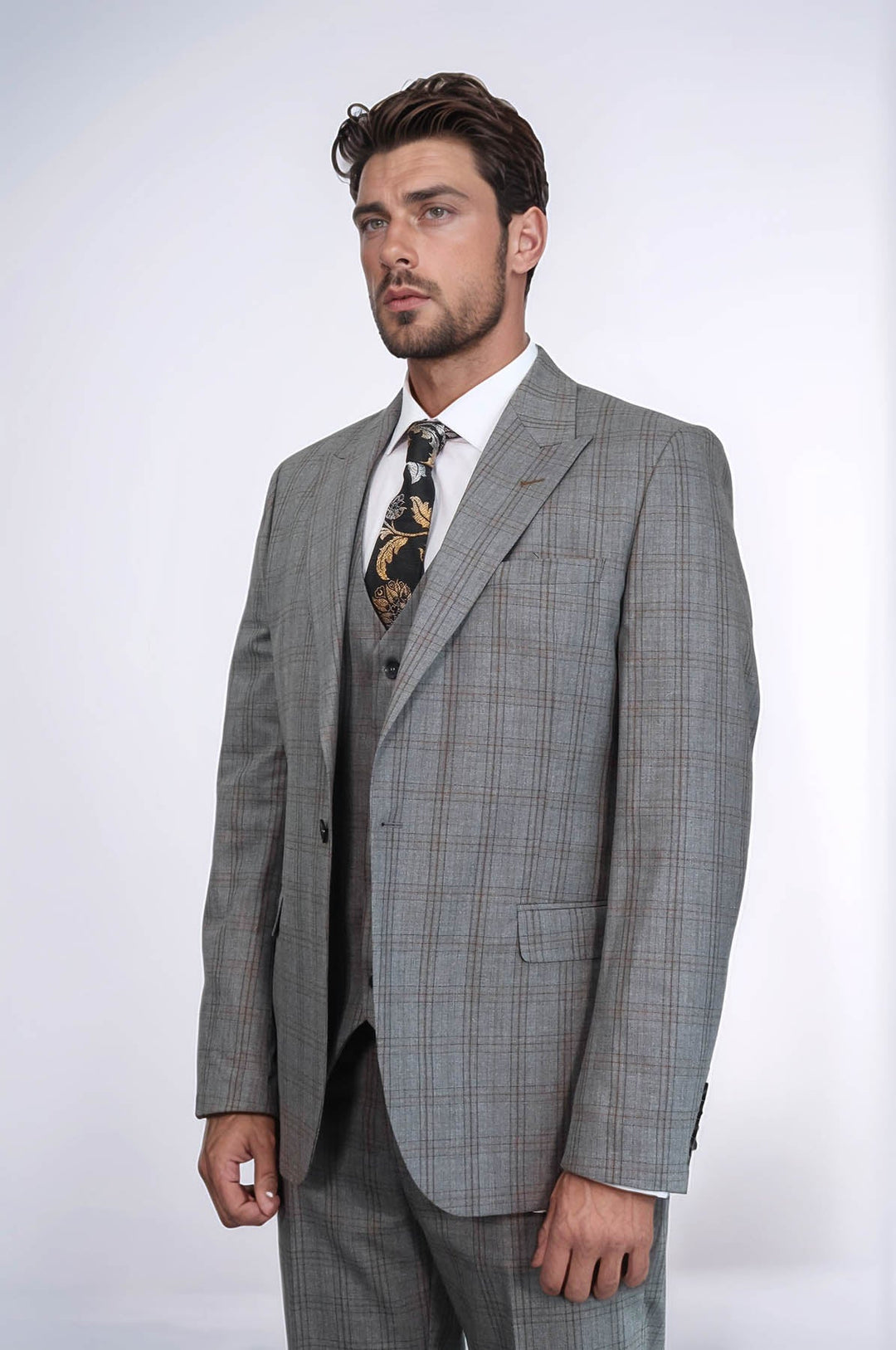 WSS Checked Slim Fit Grey Men Suit  - Paradise