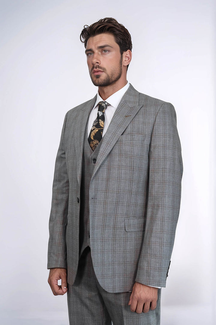 WSS Checked Slim Fit Grey Men Suit  - Paradise