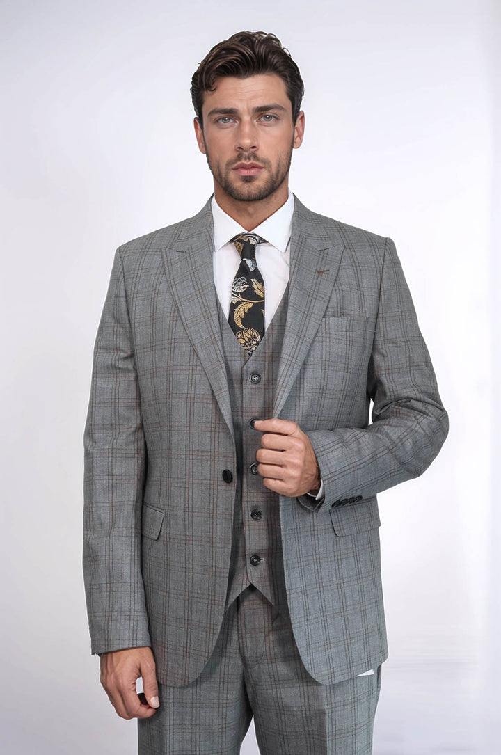 WSS Checked Slim Fit Grey Men Suit  - Paradise