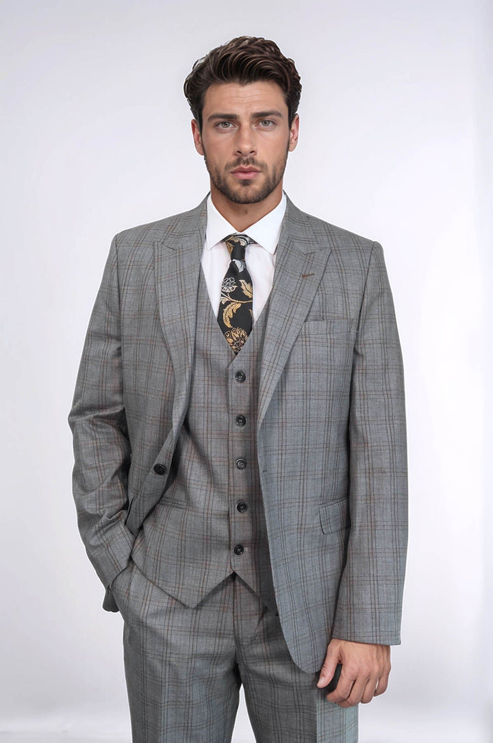 WSS Checked Slim Fit Grey Men Suit  - Paradise