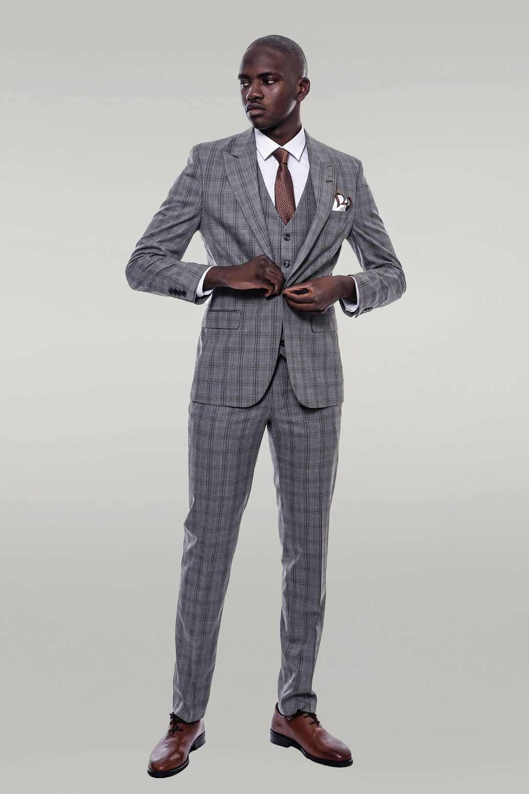 WSS Checked Slim Fit Grey Men Suit  - Singen