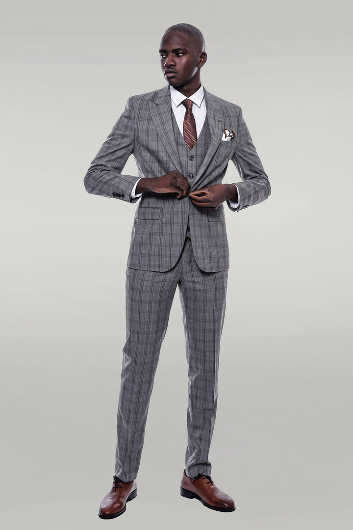 WSS Checked Slim Fit Grey Men Suit  - Singen