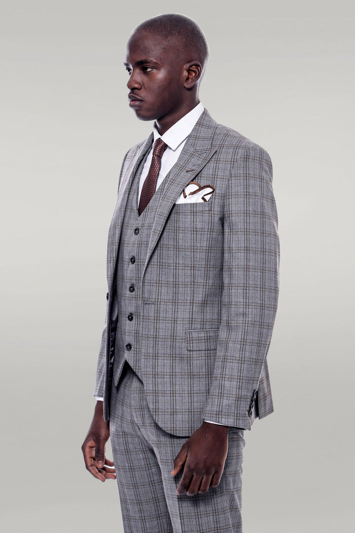WSS Checked Slim Fit Grey Men Suit  - Singen