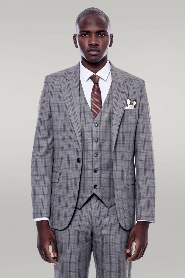 WSS Checked Slim Fit Grey Men Suit  - Singen