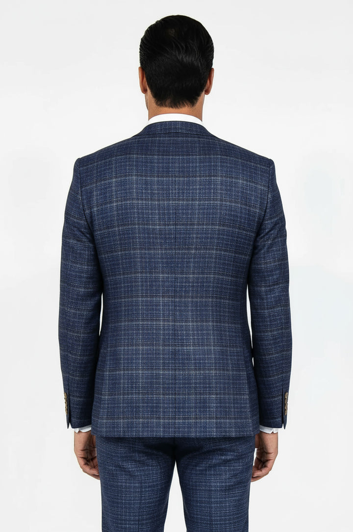 WSS Slim Fit Checked Patterned Navy Blue Men Suit  - Chapel Hill