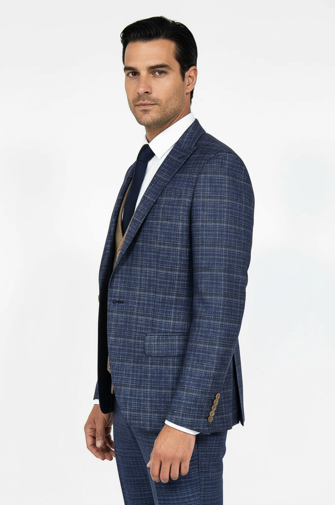 WSS Slim Fit Checked Patterned Navy Blue Men Suit  - Chapel Hill