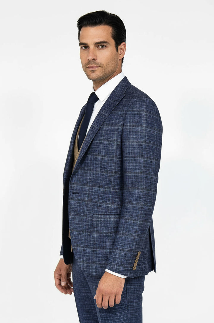 WSS Slim Fit Checked Patterned Navy Blue Men Suit  - Chapel Hill