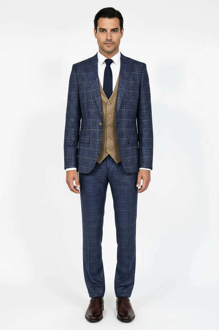WSS Slim Fit Checked Patterned Navy Blue Men Suit  - Chapel Hill