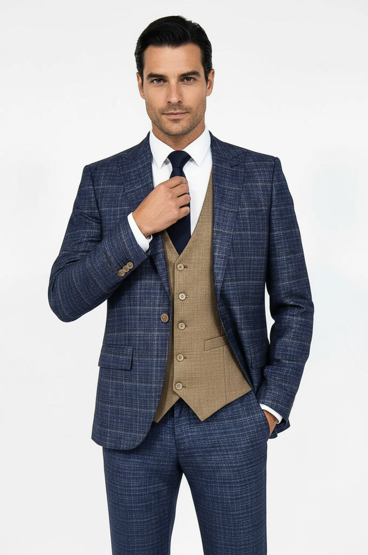 WSS Slim Fit Checked Patterned Navy Blue Men Suit  - Chapel Hill
