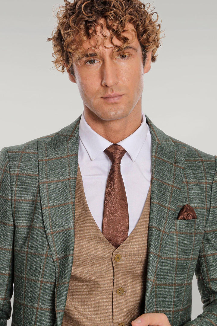WSS Slim Fit Checked Patterned Green Men Suit  - Singen