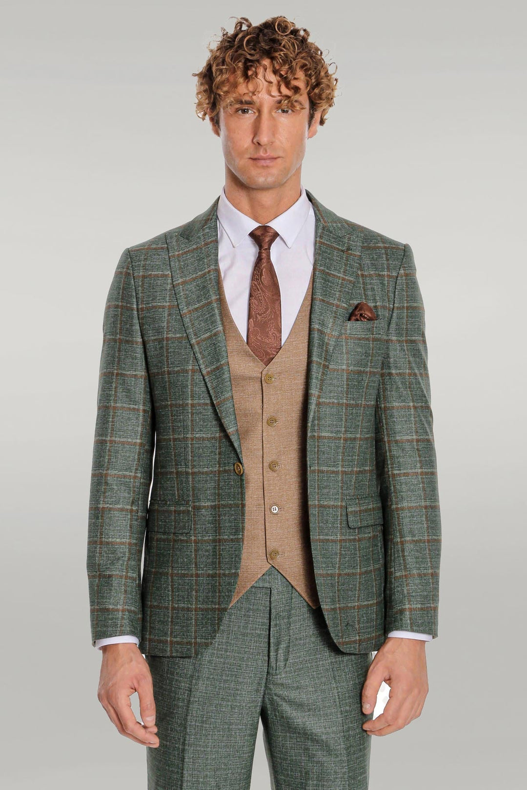 WSS Slim Fit Checked Patterned Green Men Suit  - Singen