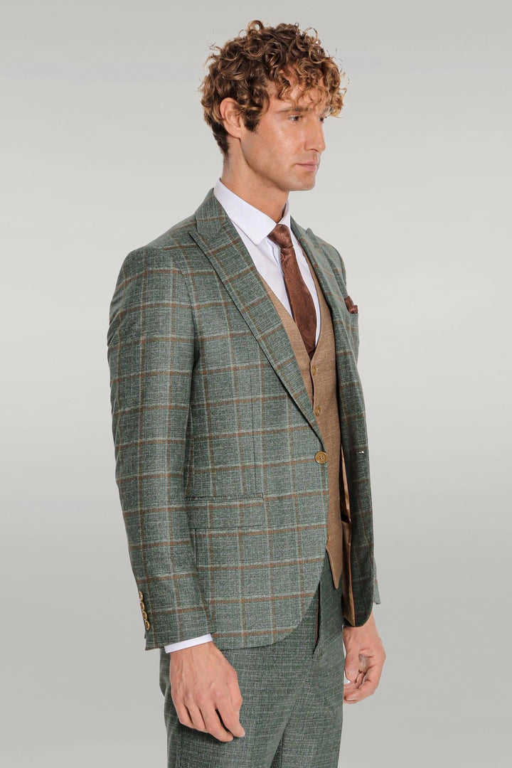 WSS Slim Fit Checked Patterned Green Men Suit  - Singen
