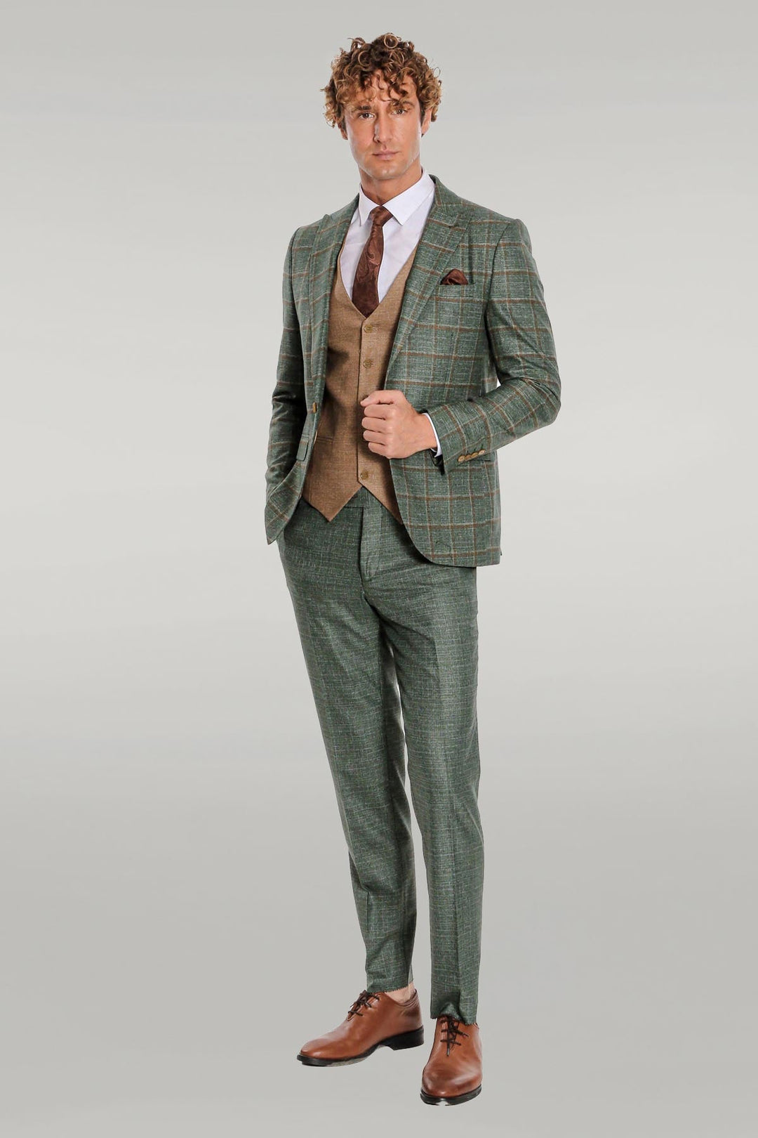 WSS Slim Fit Checked Patterned Green Men Suit  - Singen