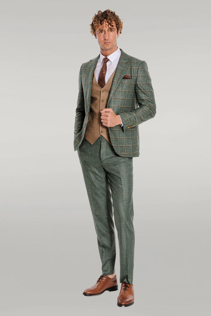 WSS Slim Fit Checked Patterned Green Men Suit  - Singen