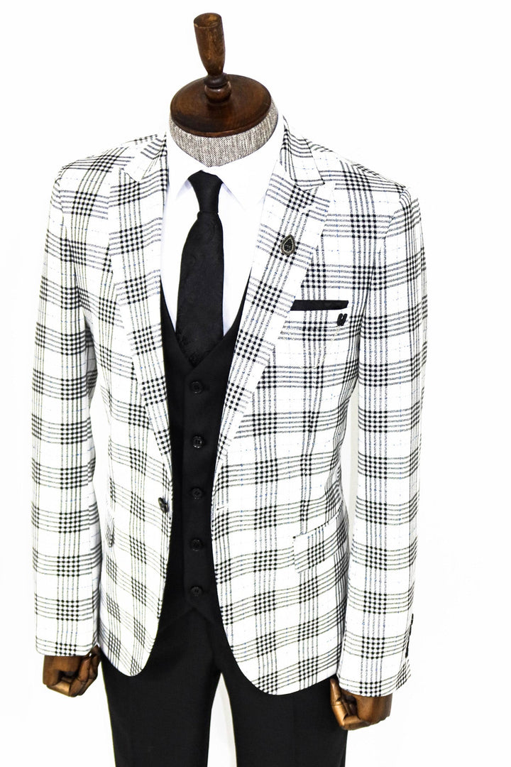 WSS Checked Slim Fit Black-White Men Suit  - Grapevine