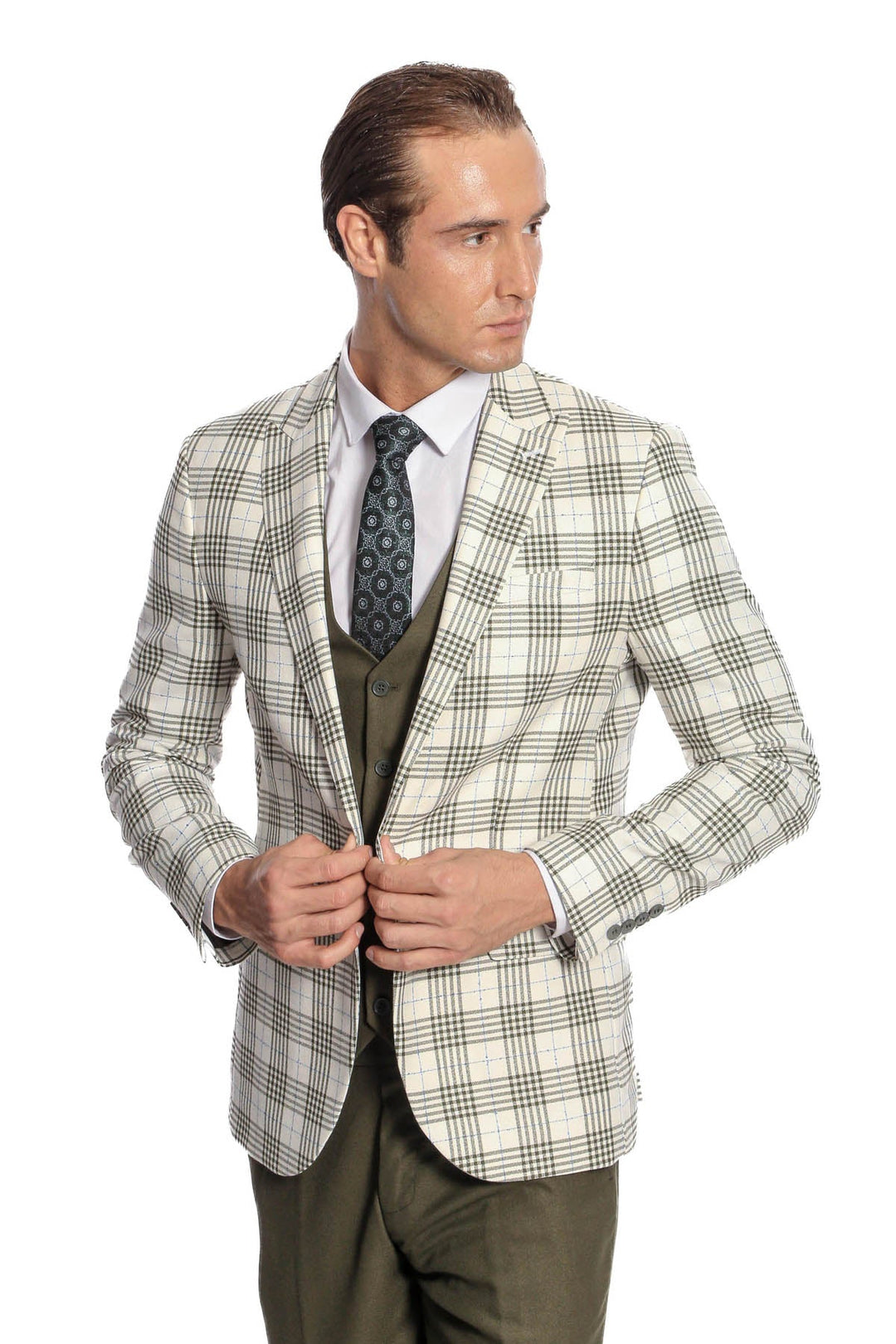 WSS Checked Slim Fit Green Men Suit  - Torquay