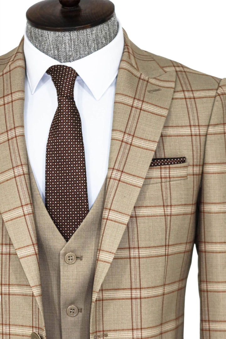 WSS Checked Patterned Beige Slim Fit Suit  - Culiacán