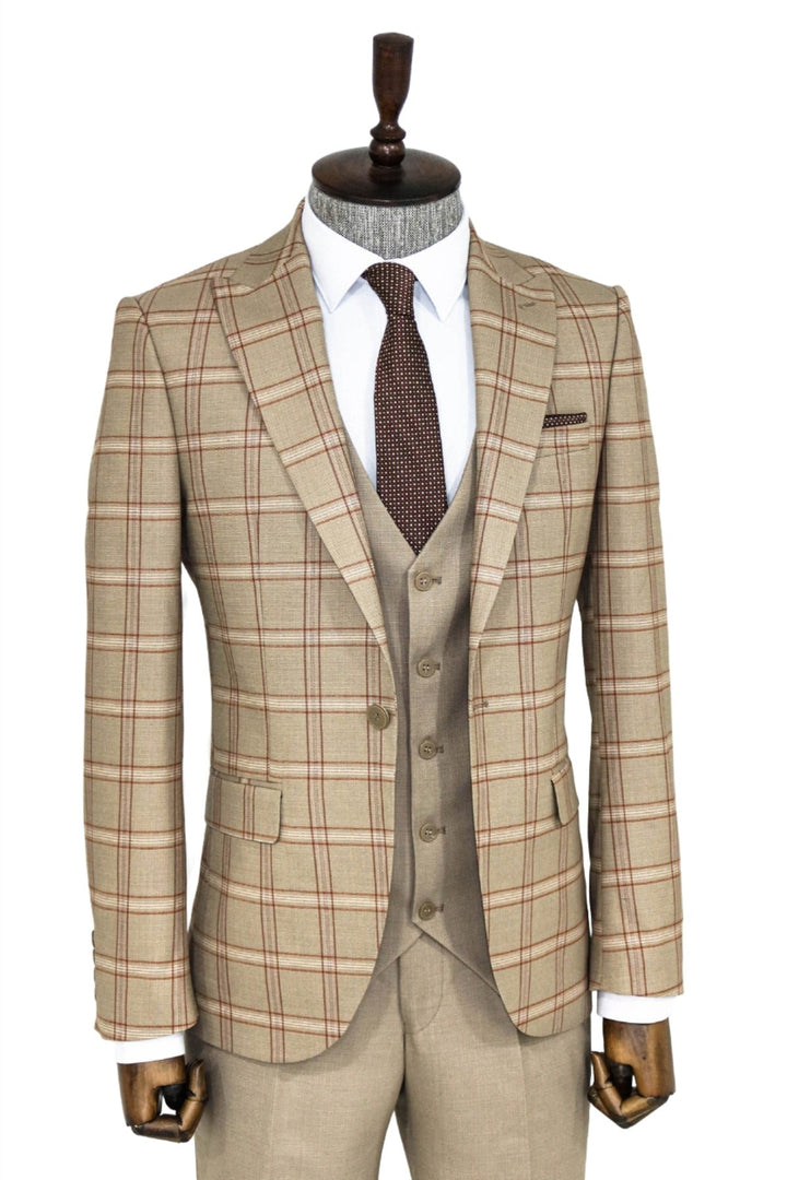 WSS Checked Patterned Beige Slim Fit Suit  - Culiacán