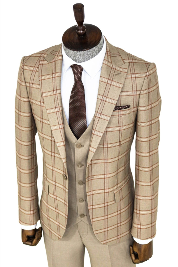 WSS Checked Patterned Beige Slim Fit Suit  - Culiacán
