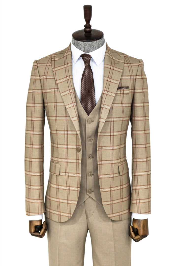 WSS Checked Patterned Beige Slim Fit Suit  - Culiacán