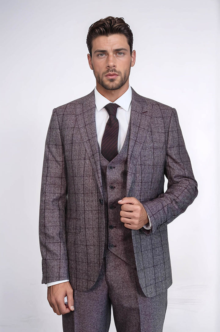 WSS Slim Fit Checked Burgundy Men Suit  - Woodlawn