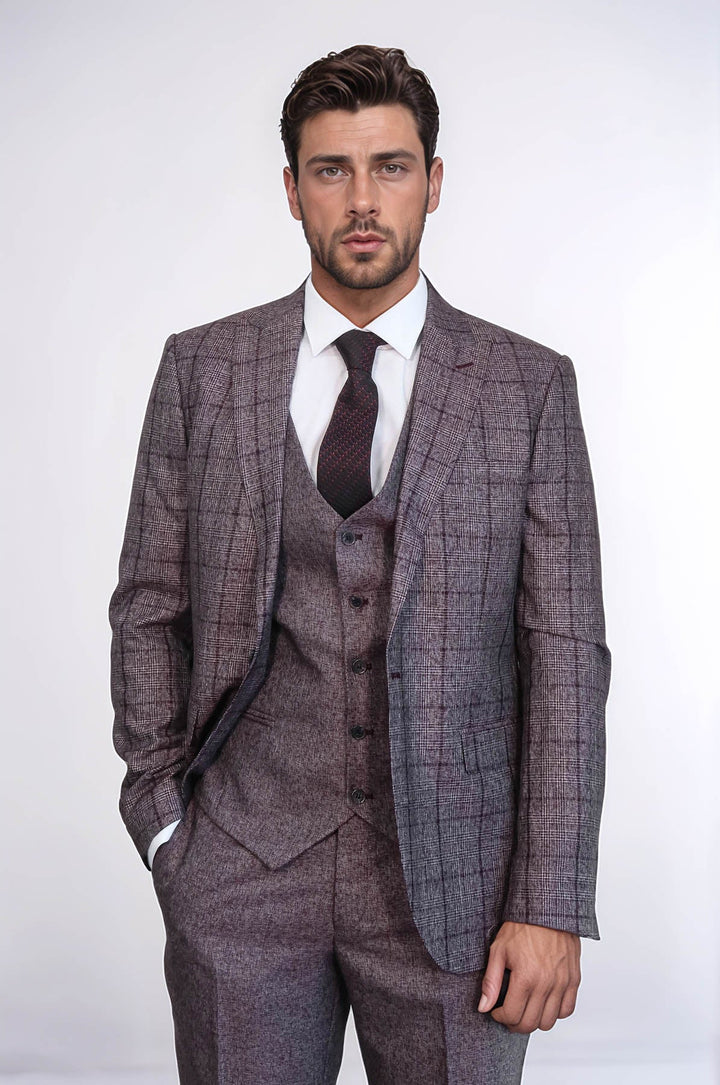 WSS Slim Fit Checked Burgundy Men Suit  - Woodlawn