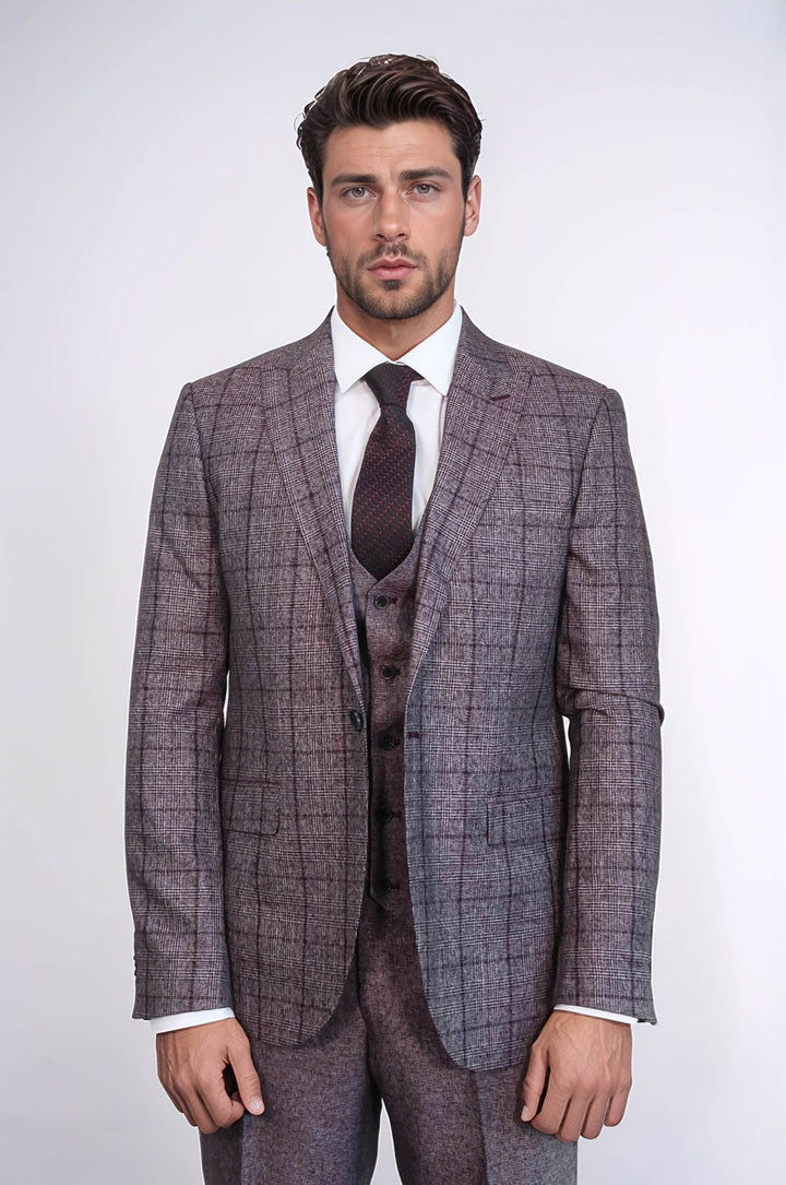 WSS Slim Fit Checked Burgundy Men Suit  - Woodlawn