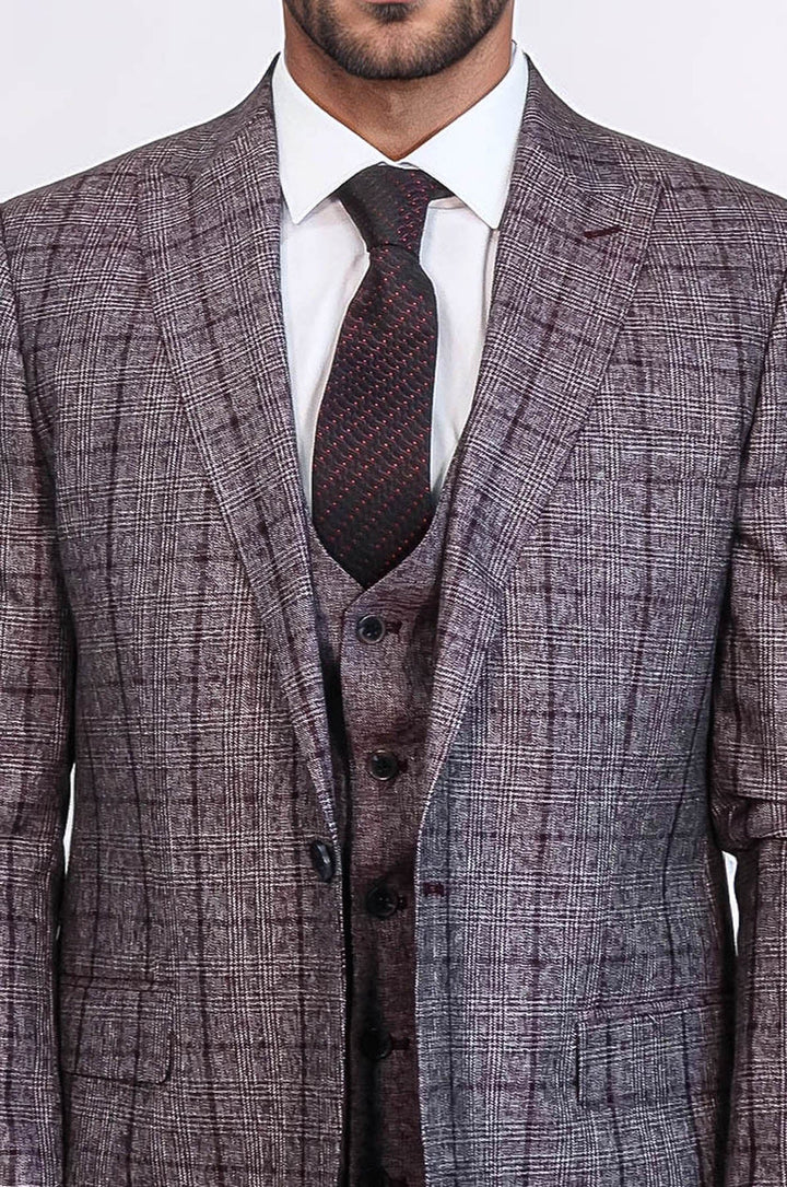 WSS Slim Fit Checked Burgundy Men Suit  - Woodlawn