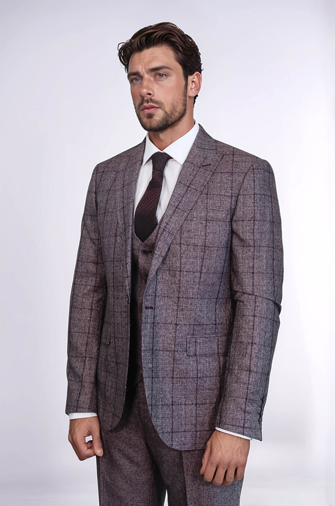 WSS Slim Fit Checked Burgundy Men Suit  - Woodlawn