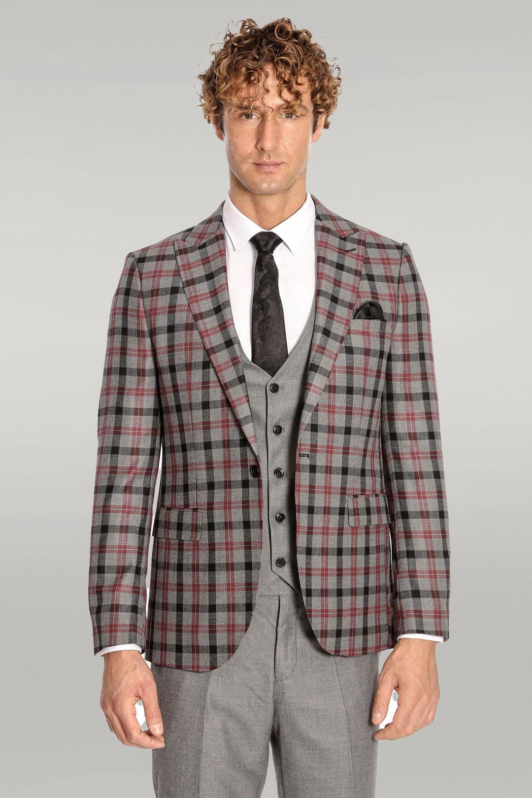 WSS Checked Slim Fit Grey Men Suit  - Singen