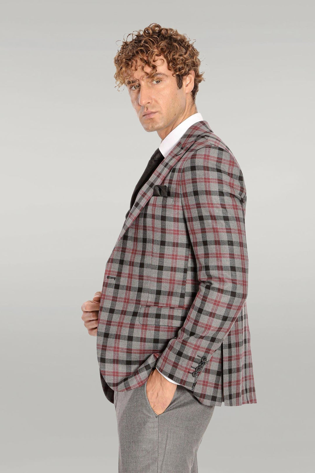 WSS Checked Slim Fit Grey Men Suit  - Singen