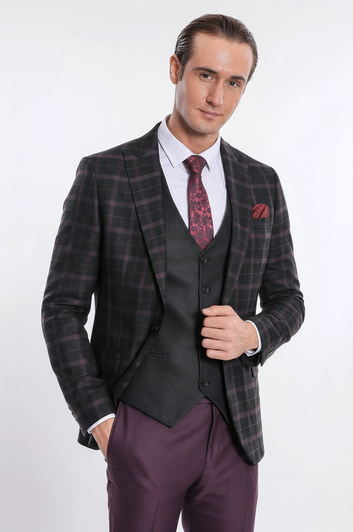 WSS Purple Vested Slim Fit Checked Black Men Suit  - Ossining