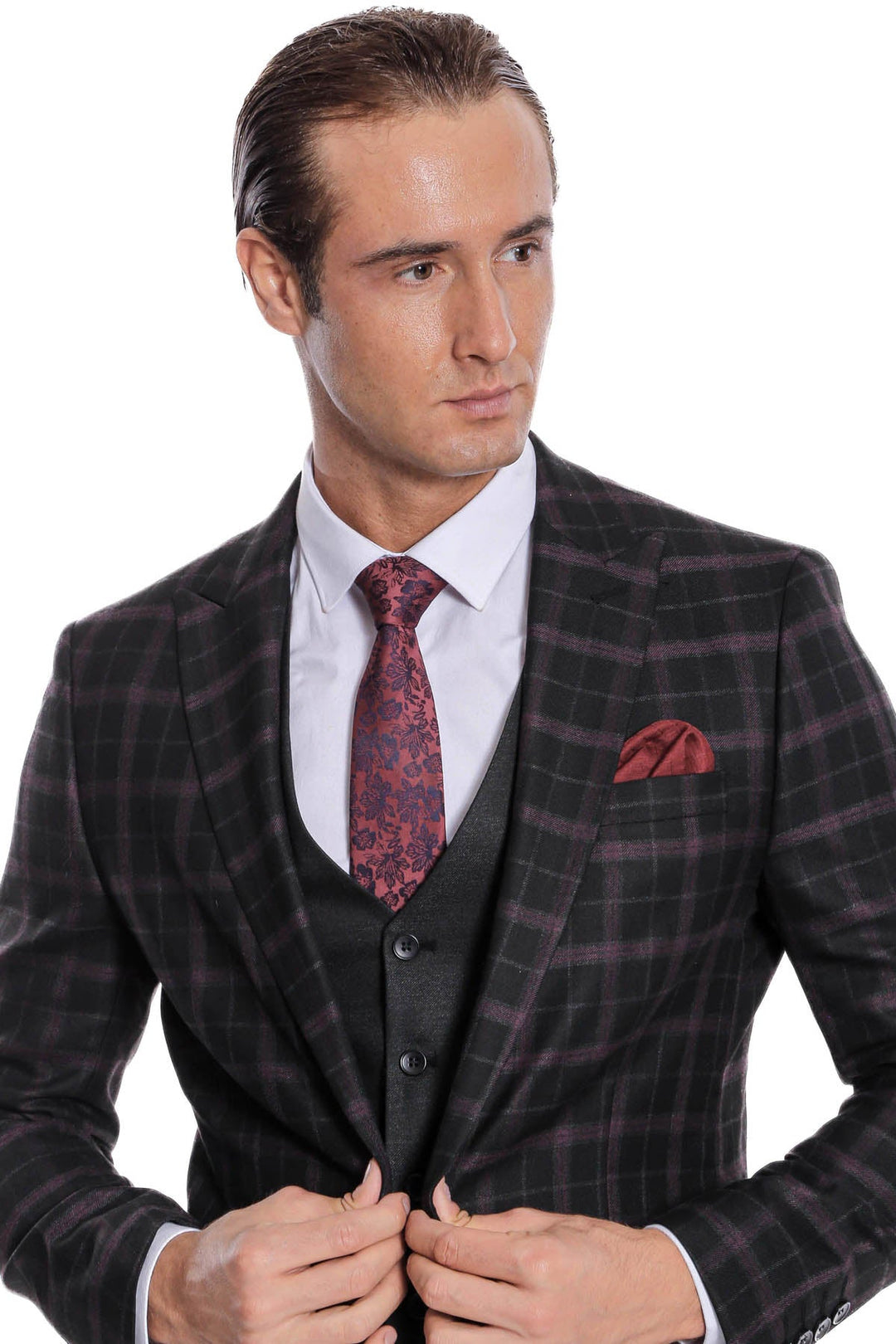 WSS Purple Vested Slim Fit Checked Black Men Suit  - Playas de Rosarito