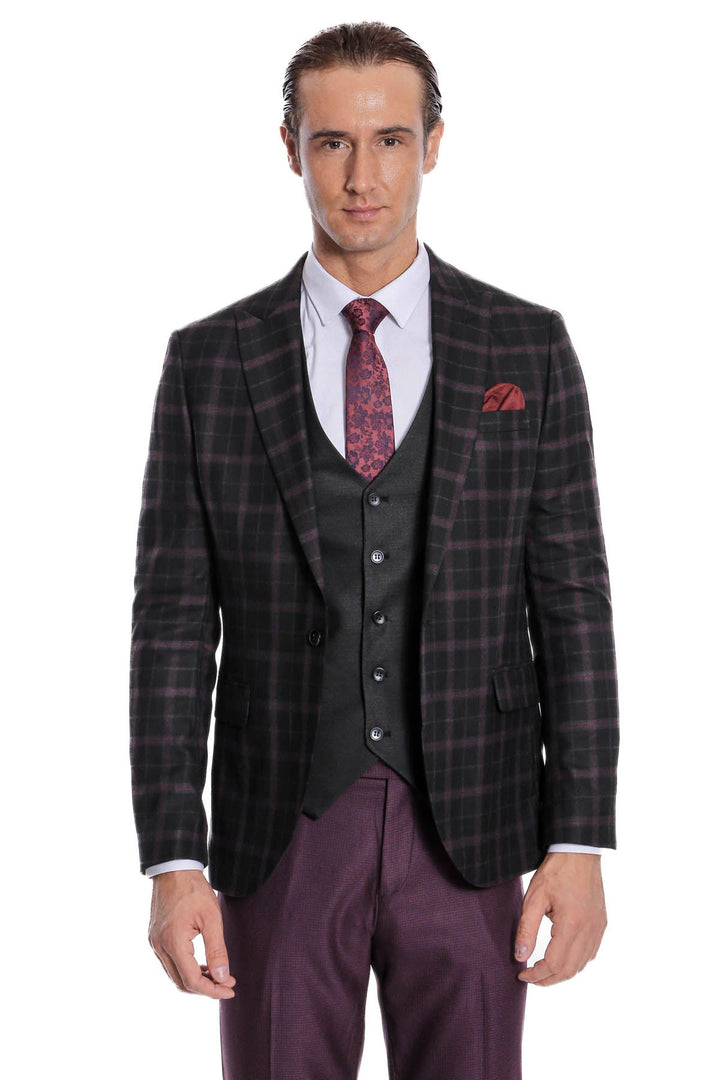 WSS Purple Vested Slim Fit Checked Black Men Suit  - Playas de Rosarito