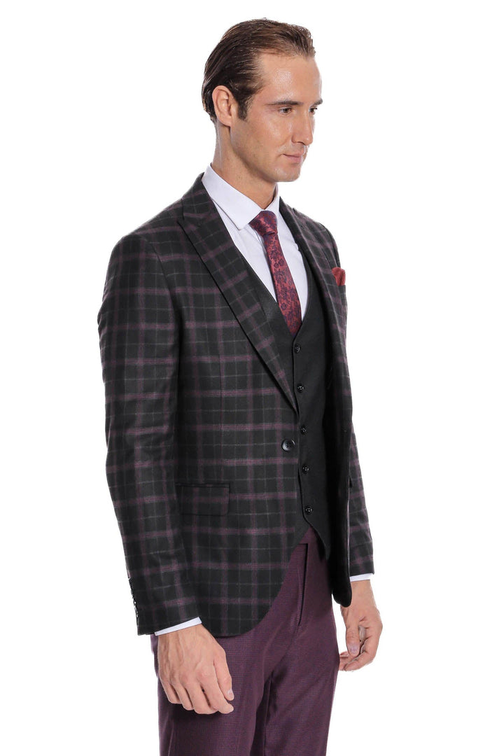 WSS Purple Vested Slim Fit Checked Black Men Suit  - Playas de Rosarito