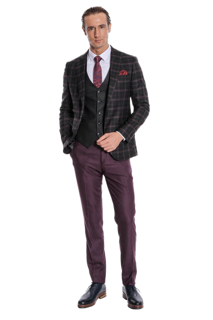 WSS Purple Vested Slim Fit Checked Black Men Suit  - Playas de Rosarito