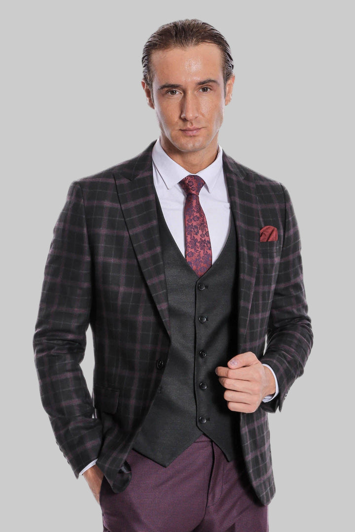 WSS Purple Vested Slim Fit Checked Black Men Suit  - Playas de Rosarito