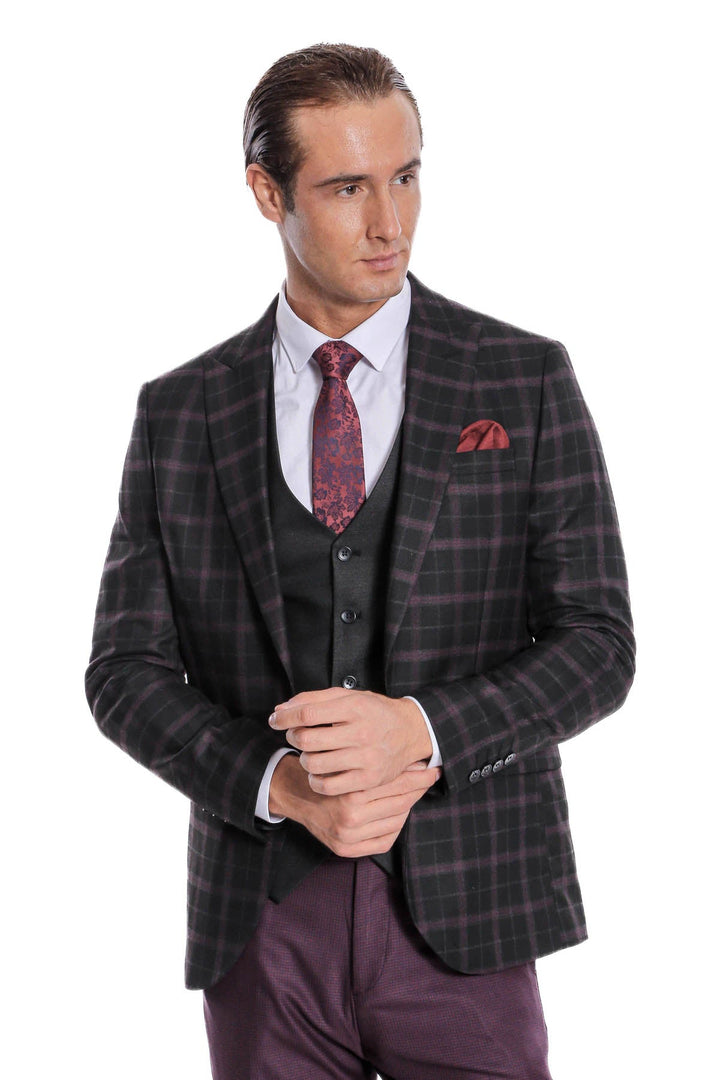 WSS Purple Vested Slim Fit Checked Black Men Suit  - Playas de Rosarito