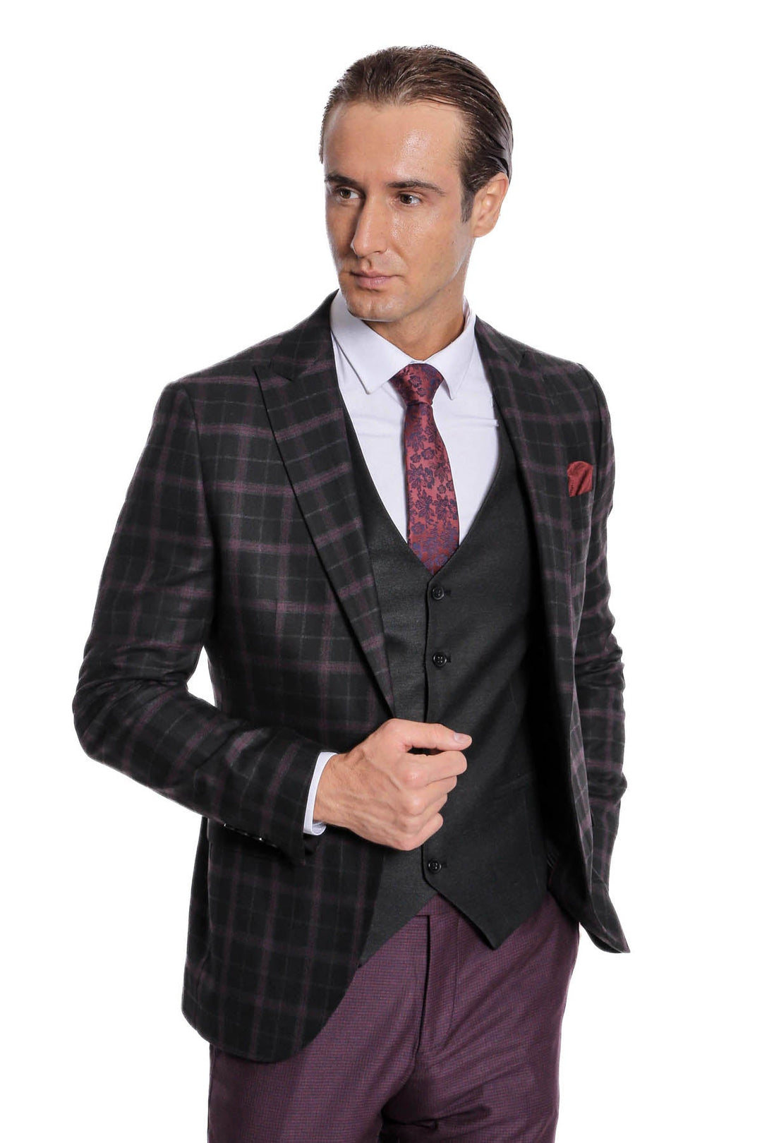 WSS Purple Vested Slim Fit Checked Black Men Suit  - Playas de Rosarito