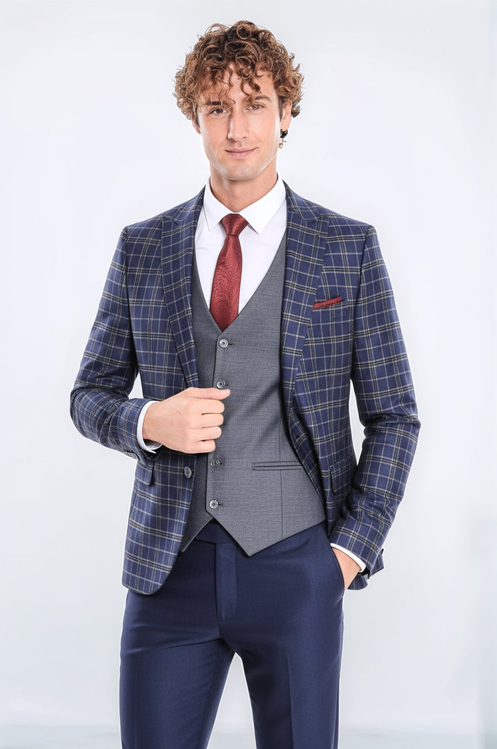 WSS Blue Vested Slim Fit Checked Navy Blue Men Suit  - Hesperia