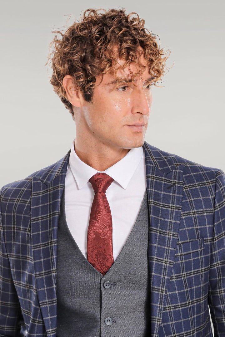 WSS Blue Vested Slim Fit Checked Navy Blue Men Suit  - Singen