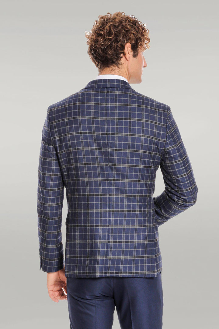 WSS Blue Vested Slim Fit Checked Navy Blue Men Suit  - Singen