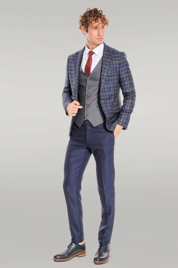 WSS Blue Vested Slim Fit Checked Navy Blue Men Suit  - Singen