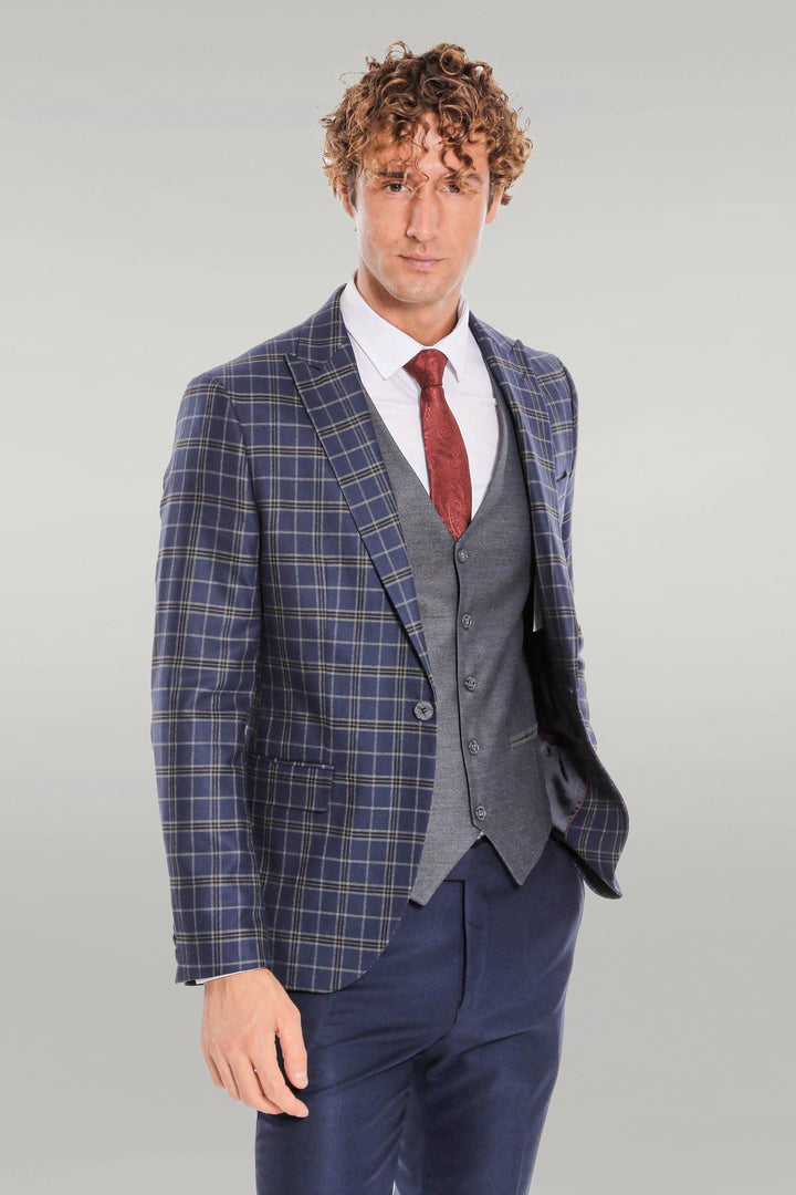 WSS Blue Vested Slim Fit Checked Navy Blue Men Suit  - Singen