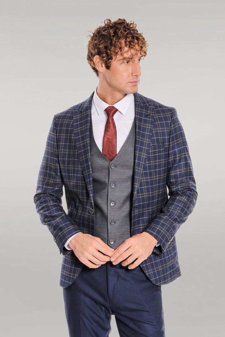 WSS Blue Vested Slim Fit Checked Navy Blue Men Suit  - Singen