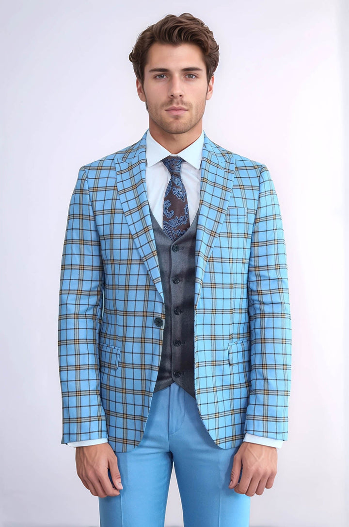 WSS Grey Vested Slim Fit Checked Light Blue Men Suit  - Tarragona