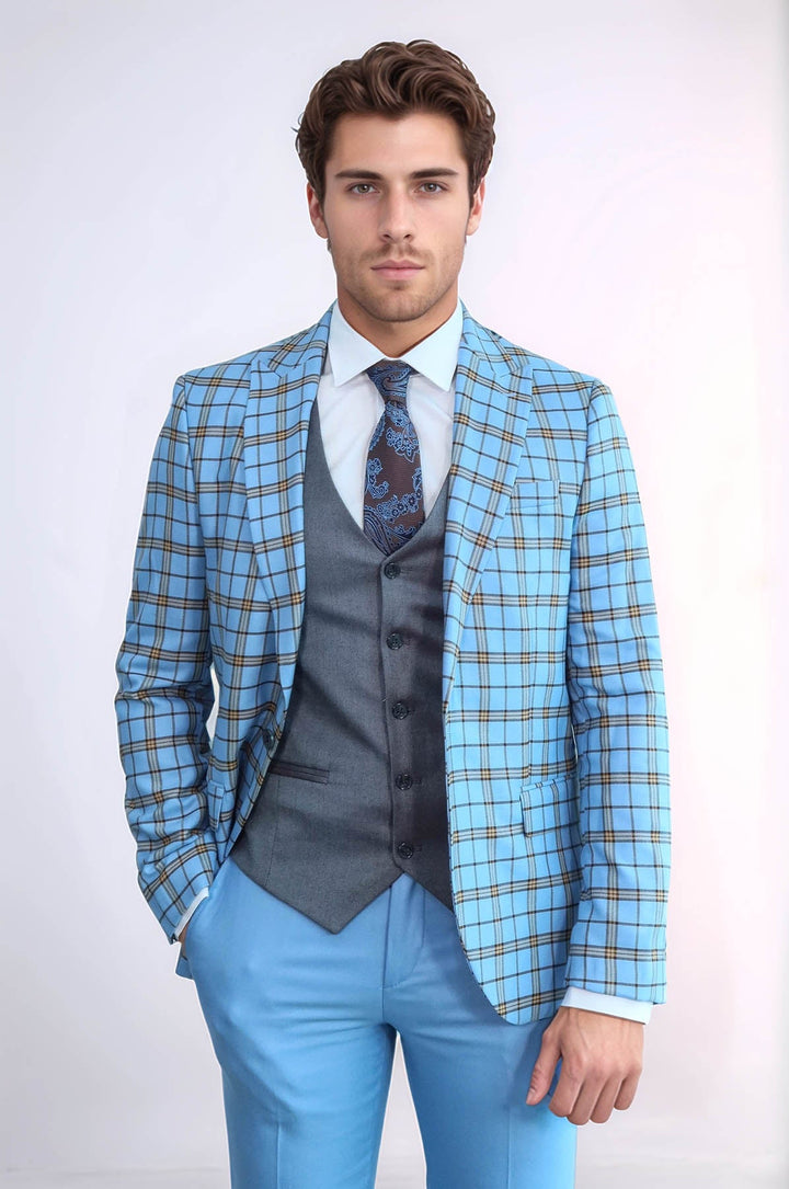 WSS Grey Vested Slim Fit Checked Light Blue Men Suit  - Tarragona