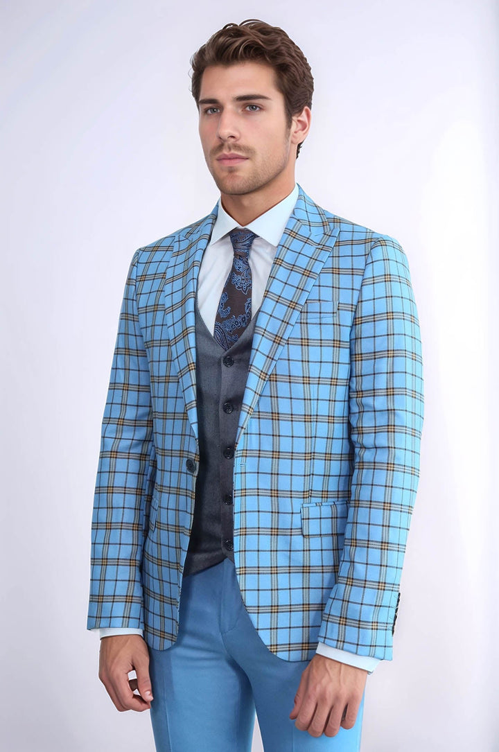 WSS Grey Vested Slim Fit Checked Light Blue Men Suit  - Tarragona