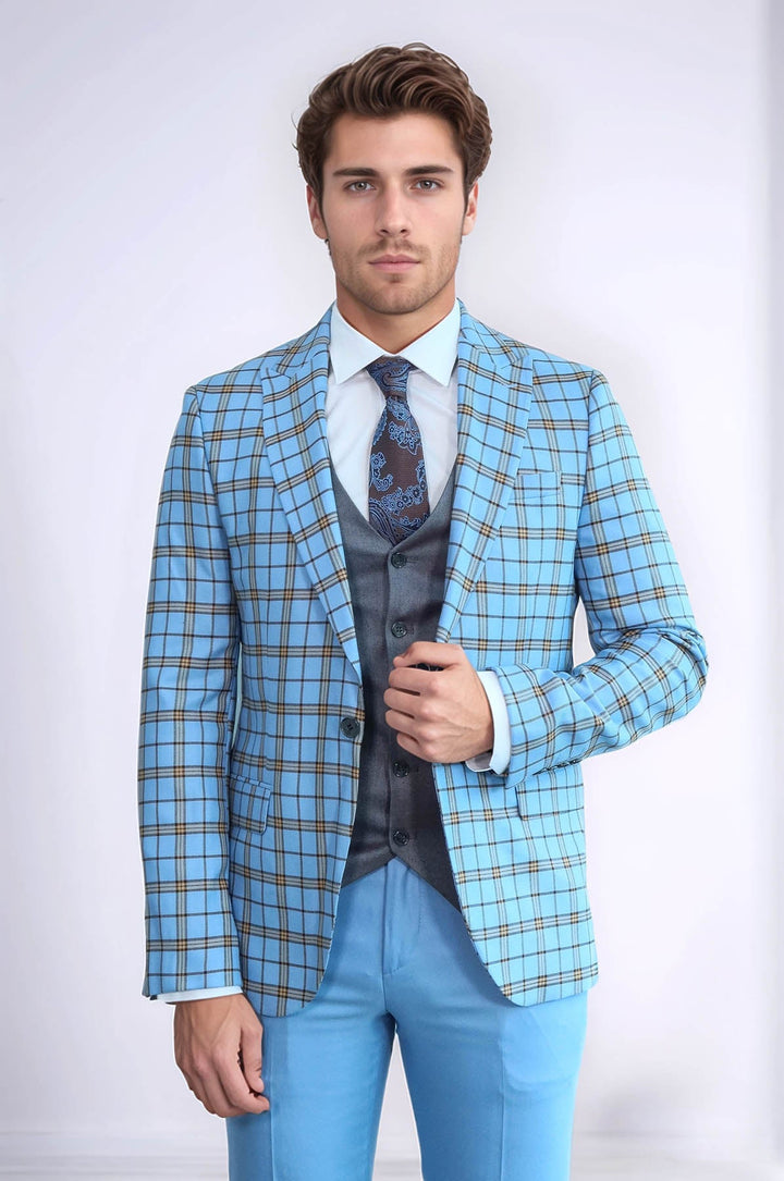 WSS Grey Vested Slim Fit Checked Light Blue Men Suit  - Tarragona