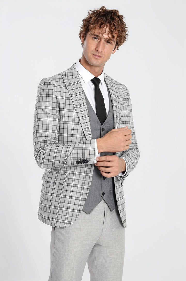 WSS Grey Vested Slim Fit Checked Light Grey Men Suit  - Hasselt